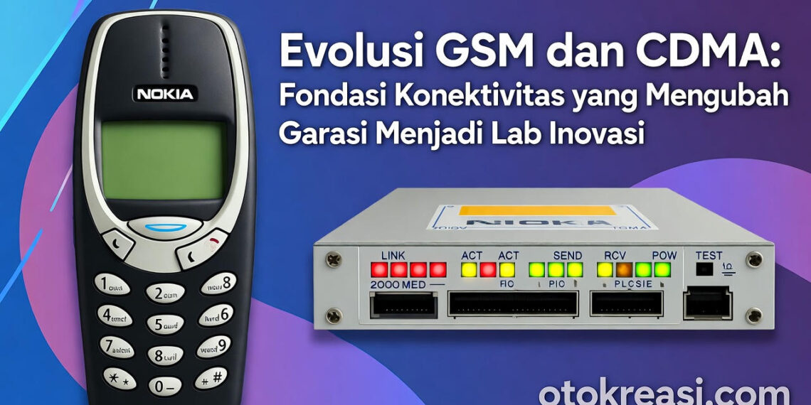 Ilustrasi Nokia 3310 mewakili GSM berhadapan dengan modem CDMA era 2000-an, simbol fondasi konektivitas seluler yang mengubah garasi menjadi laboratorium inovasi – Otokreasi.com