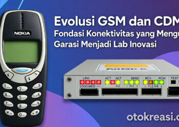 Ilustrasi Nokia 3310 mewakili GSM berhadapan dengan modem CDMA era 2000-an, simbol fondasi konektivitas seluler yang mengubah garasi menjadi laboratorium inovasi – Otokreasi.com